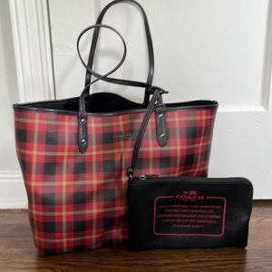 Coach reversible black/plaid city tote